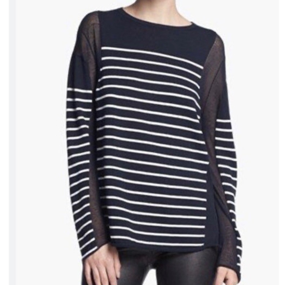 T by Alexander Wang Navy Blue White Striped Sheer Panel Knit Sweater Medium